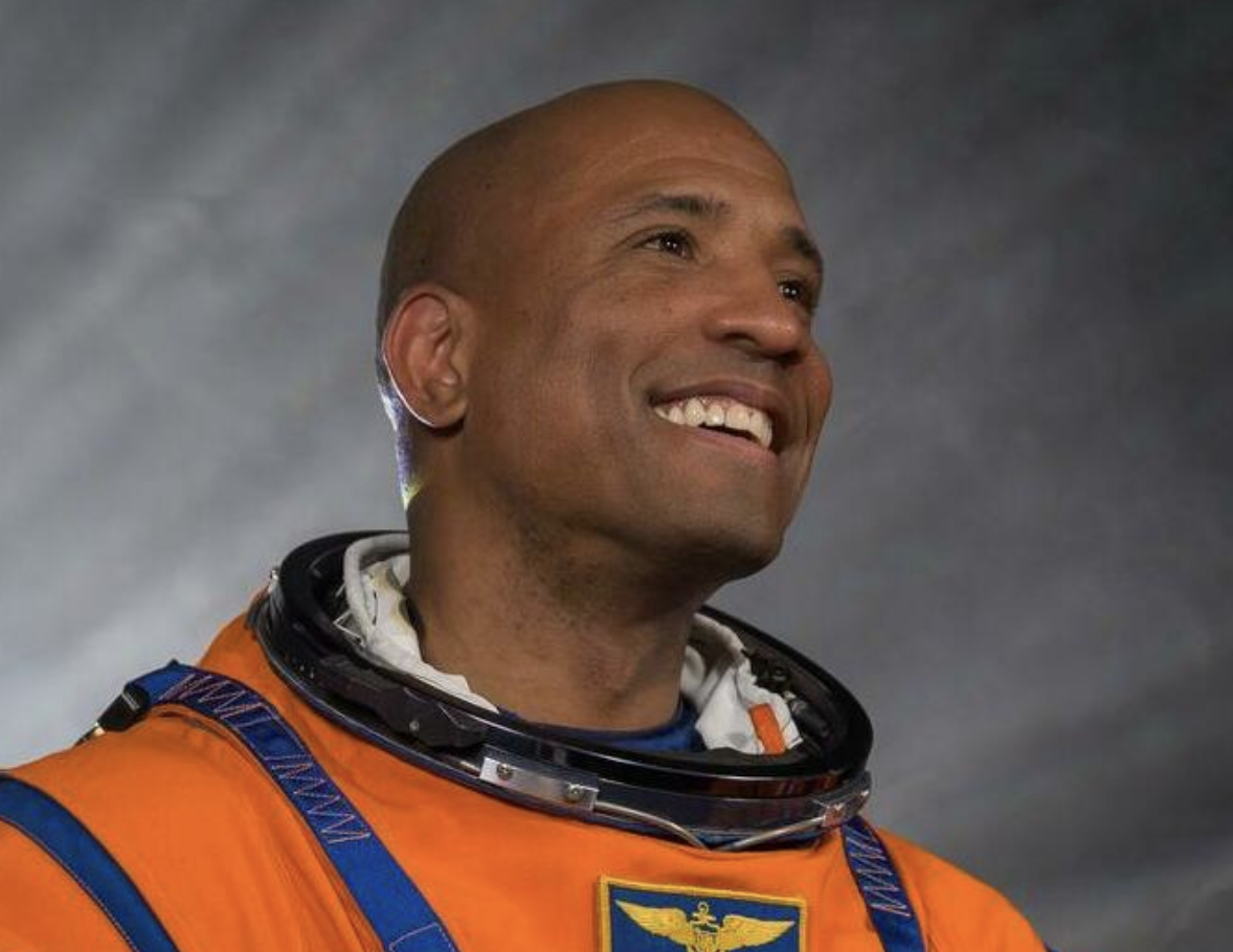 Victor Glover, the first Black astronaut to travel to the Moon, in his NASA spacesuit.